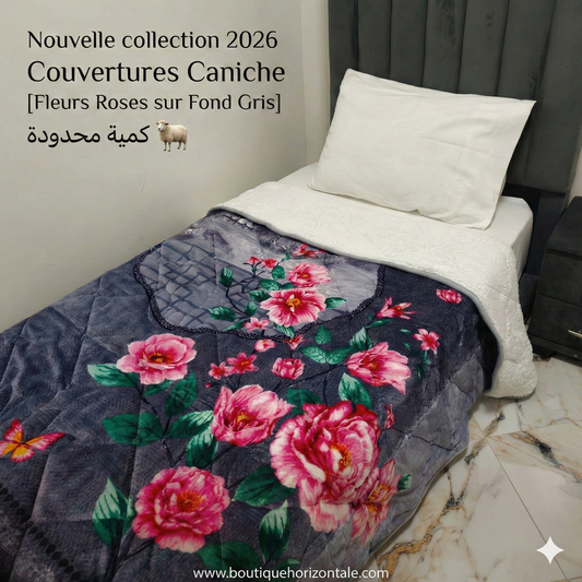 Couverture Caniche Fleurs Roses sur Fond Gris