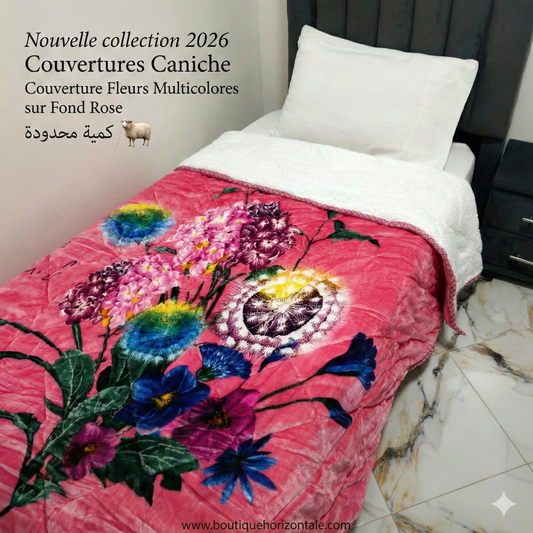 Couverture Caniche Fleurs Multicolores Sur Fond Rose